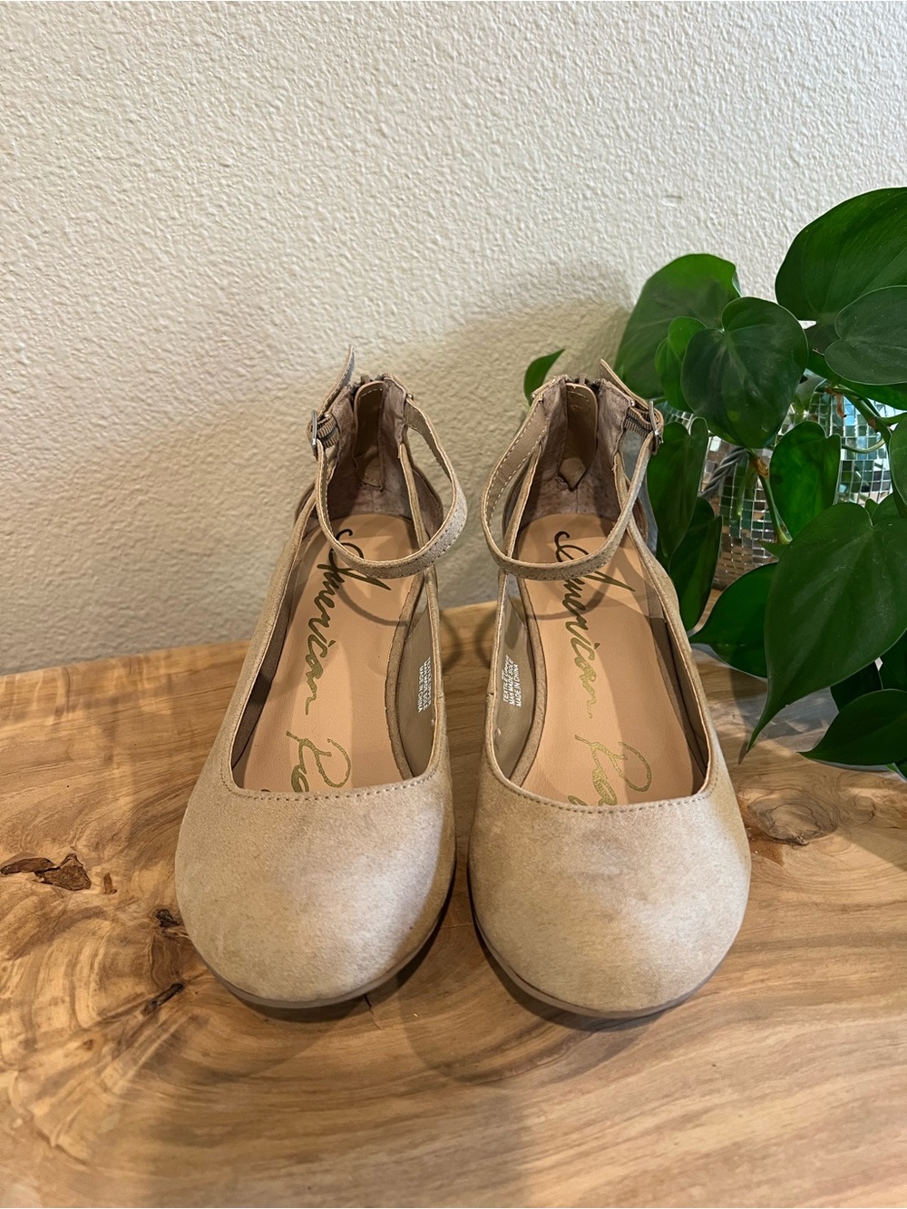 American Rag Beige Ankle-Strap Round-Toe Heels